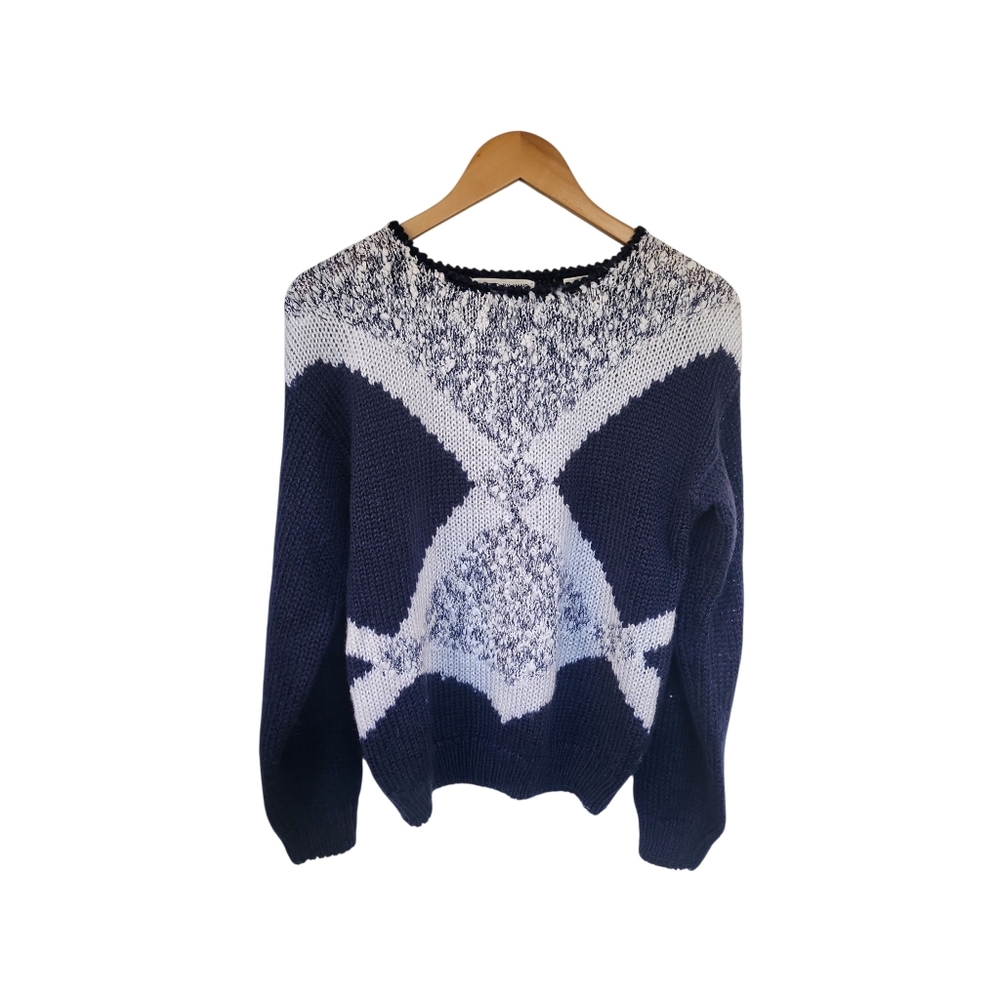 Vintage 80's J.J. Fargo Hand Knit Midnight Blue & Silver Metallic Sweater S